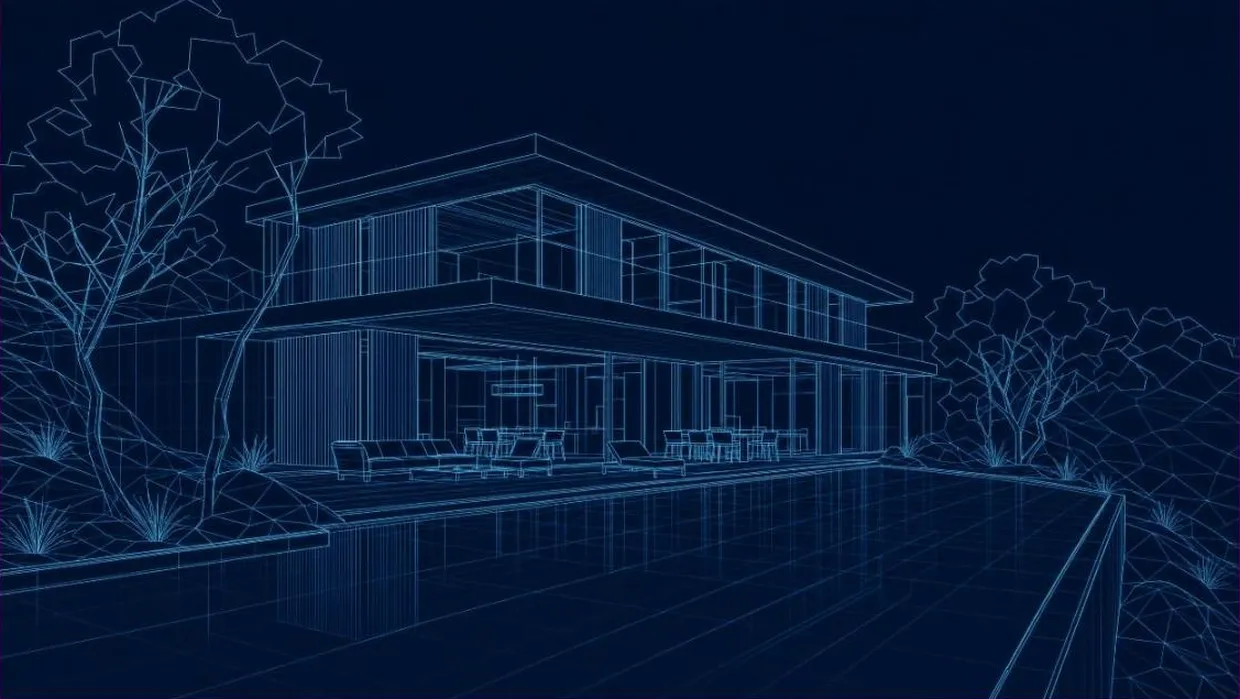 Maquete eletrônica em wireframe de uma casa de alto padrão