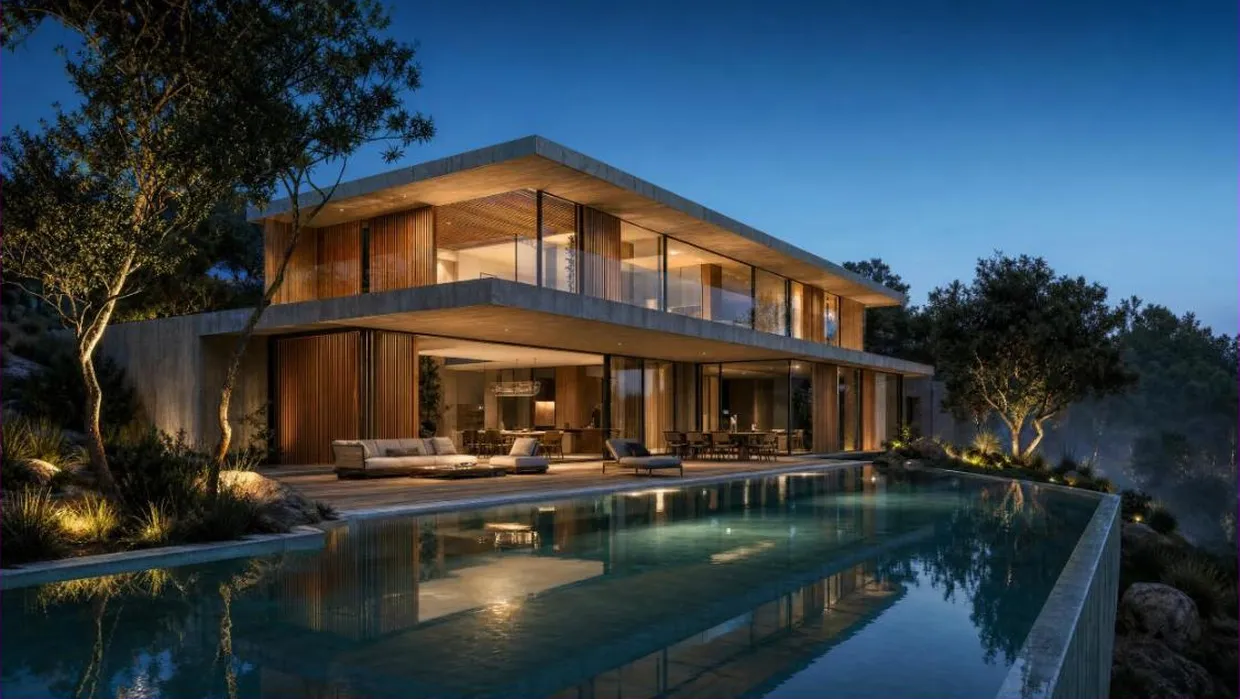 Render fotorrealista da mesma casa ao entardecer